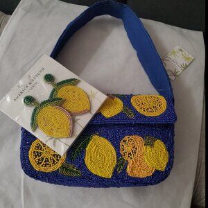 AMERICA AND BEYOND BEADED LEMON SHOULDER BAG WITH MATCHING LEMON  EARRINGS NWT